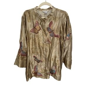 Citron Blouse Butterfly Embroidered Silk Linen Gold 2X Plus Size EUC